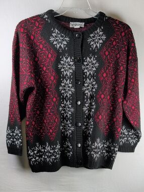 Jonathan Cass Black Red Metallic Fair Isle Button Cardigan - Size 18W - Vintage